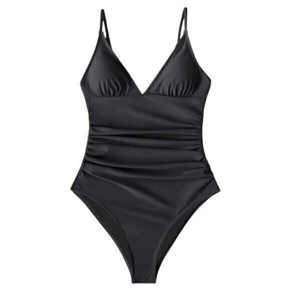 Cupshe Black One Piece Swimsuit Women’s Small V-Neck Ruched Adjustable Straps - Picture 6 of 10